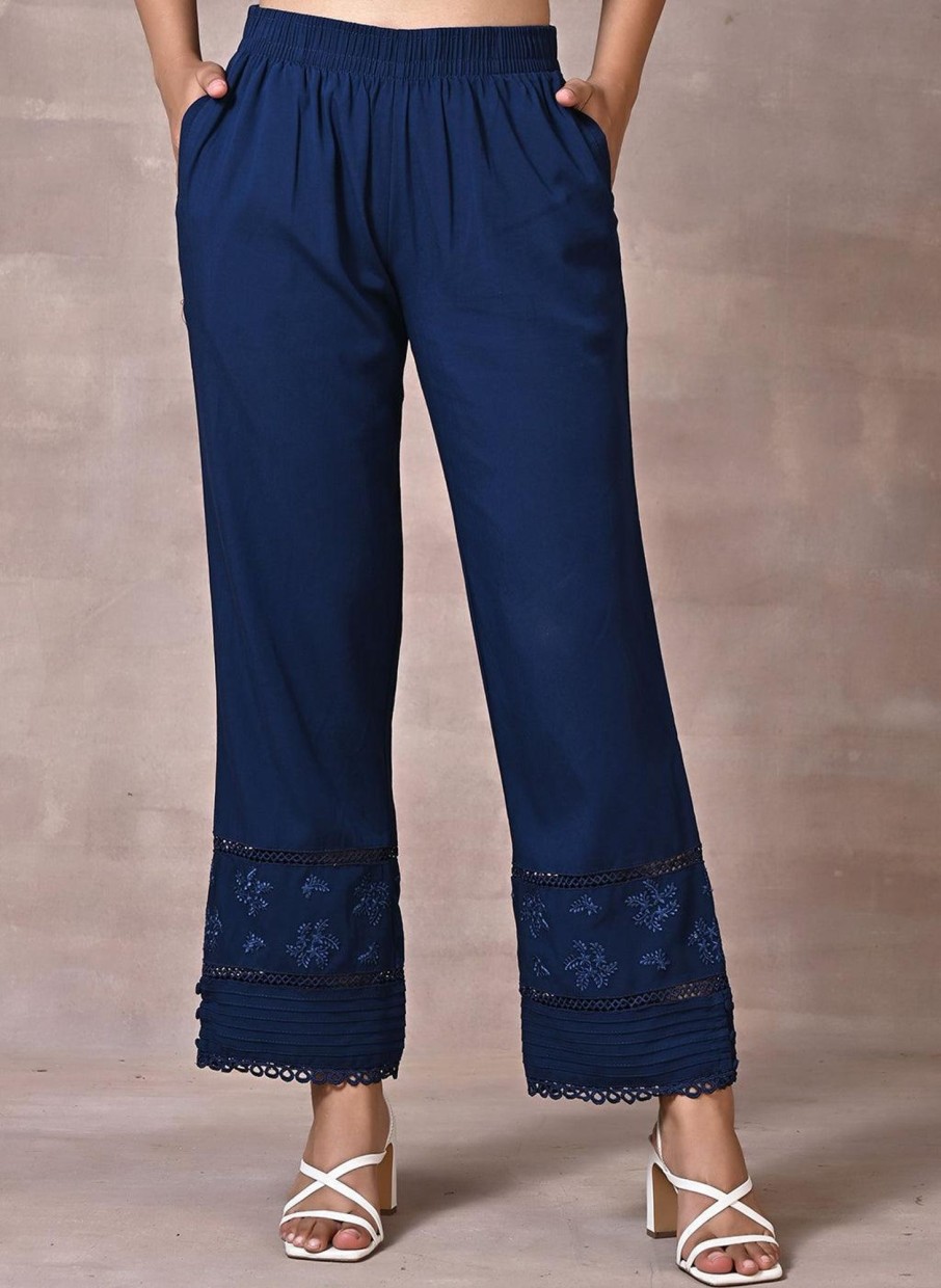 Bottom Wear Lakshita | Navy Blue Palazzo With Hem Detail – Explorviewwear